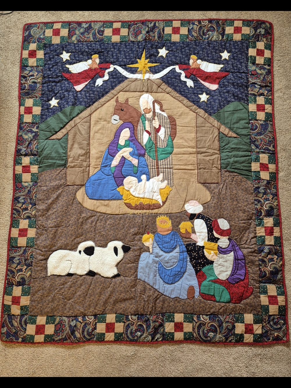 Vintage Handmade Christmas Nativity Scene Baby Or Lap Quilt Wall Hanging 59x48